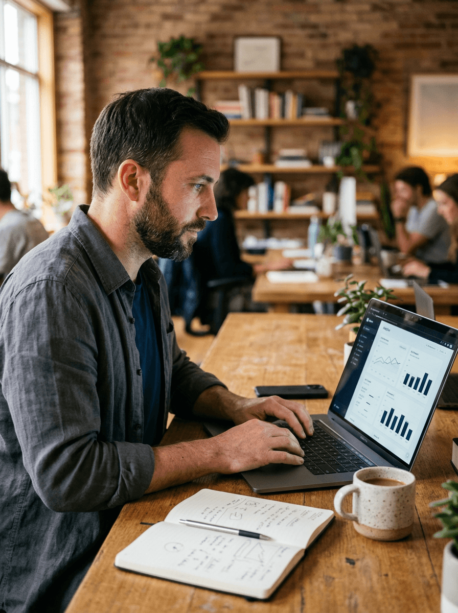 Entrepreneur working on analytics dashboard